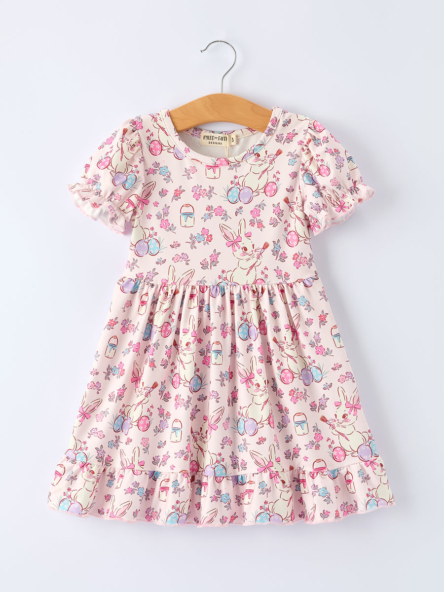 Easter Floral Bunny Girls Ruffle Hem Dress