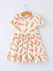 Easter Carrot Print Girls Ruffle Hem Dress