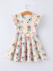 Rainbow Characters Print Girls Ruffle Dress