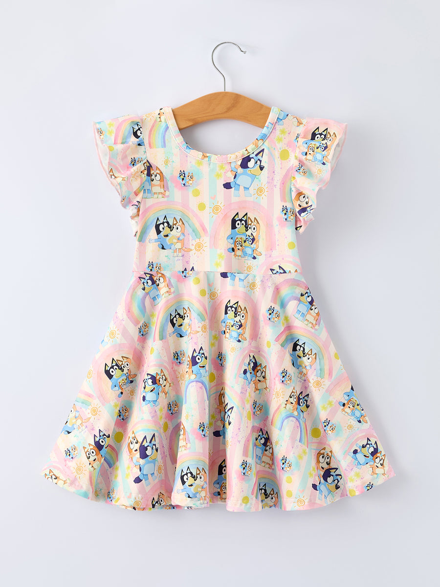 Rainbow Characters Print Girls Ruffle Dress
