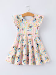 Rainbow Characters Print Girls Ruffle Dress
