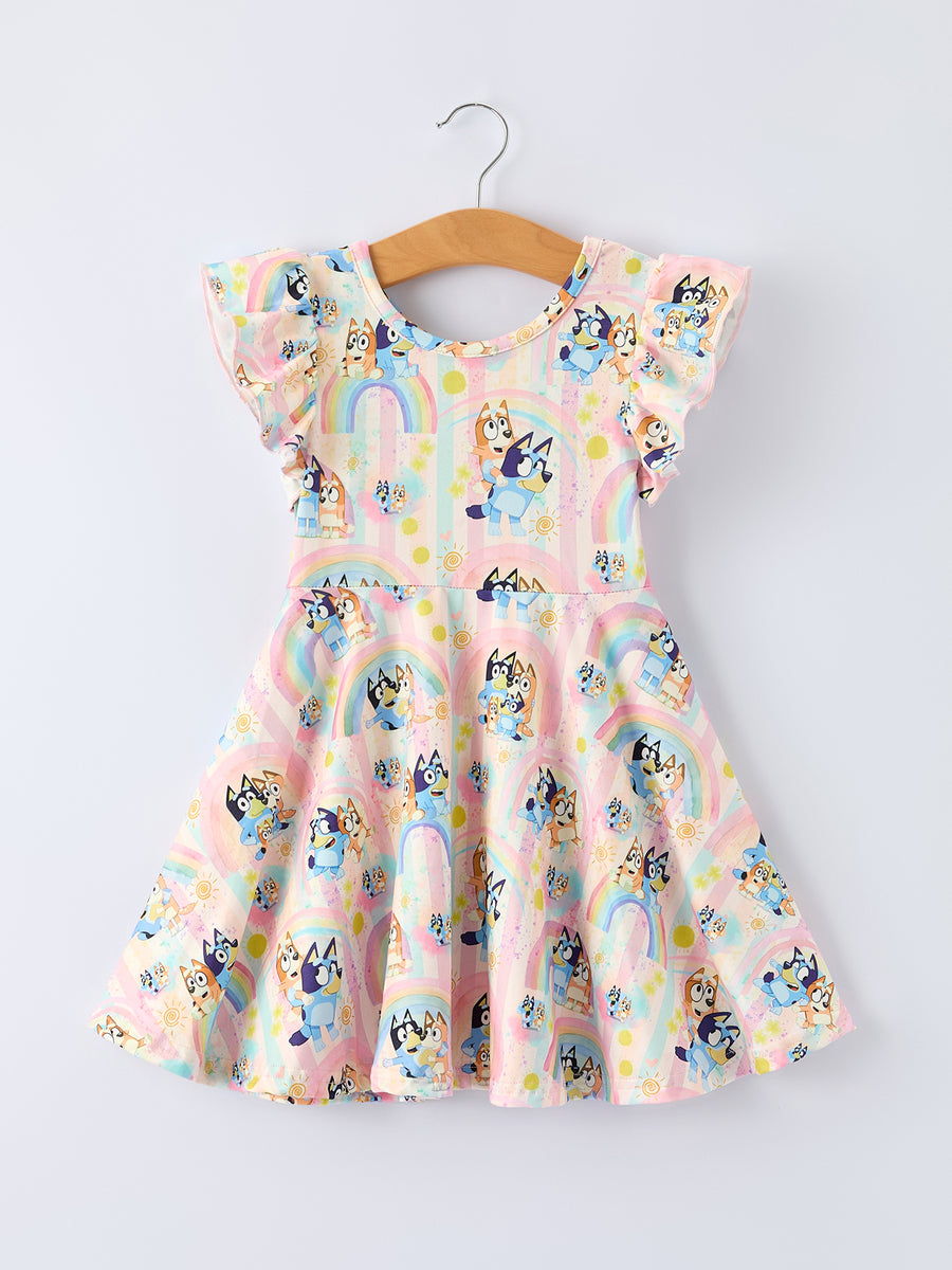 Rainbow Characters Print Girls Ruffle Dress