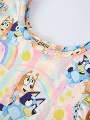 Rainbow Characters Print Girls Ruffle Dress