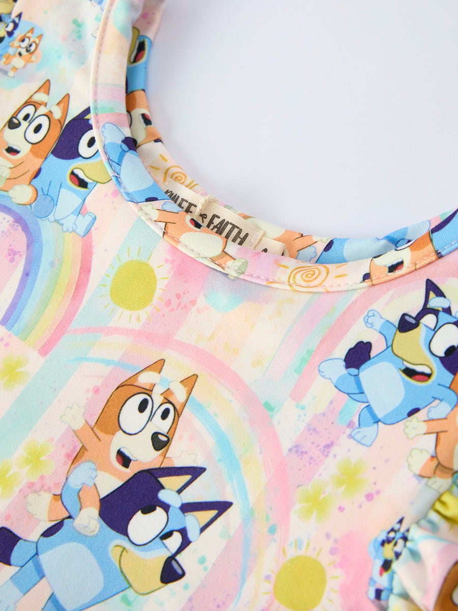 Rainbow Characters Print Girls Ruffle Dress