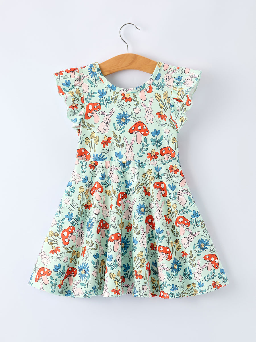 Easter Bunny and Mushroom Print Girls' Dress