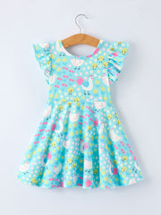 Aqua Spring Chicken Floral Farm Print Girls Dress