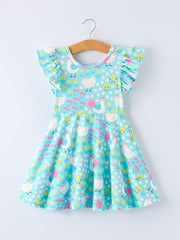 Aqua Spring Chicken Floral Farm Print Girls Dress