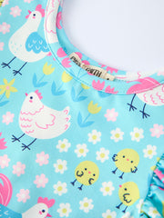 Aqua Spring Chicken Floral Farm Print Girls Dress