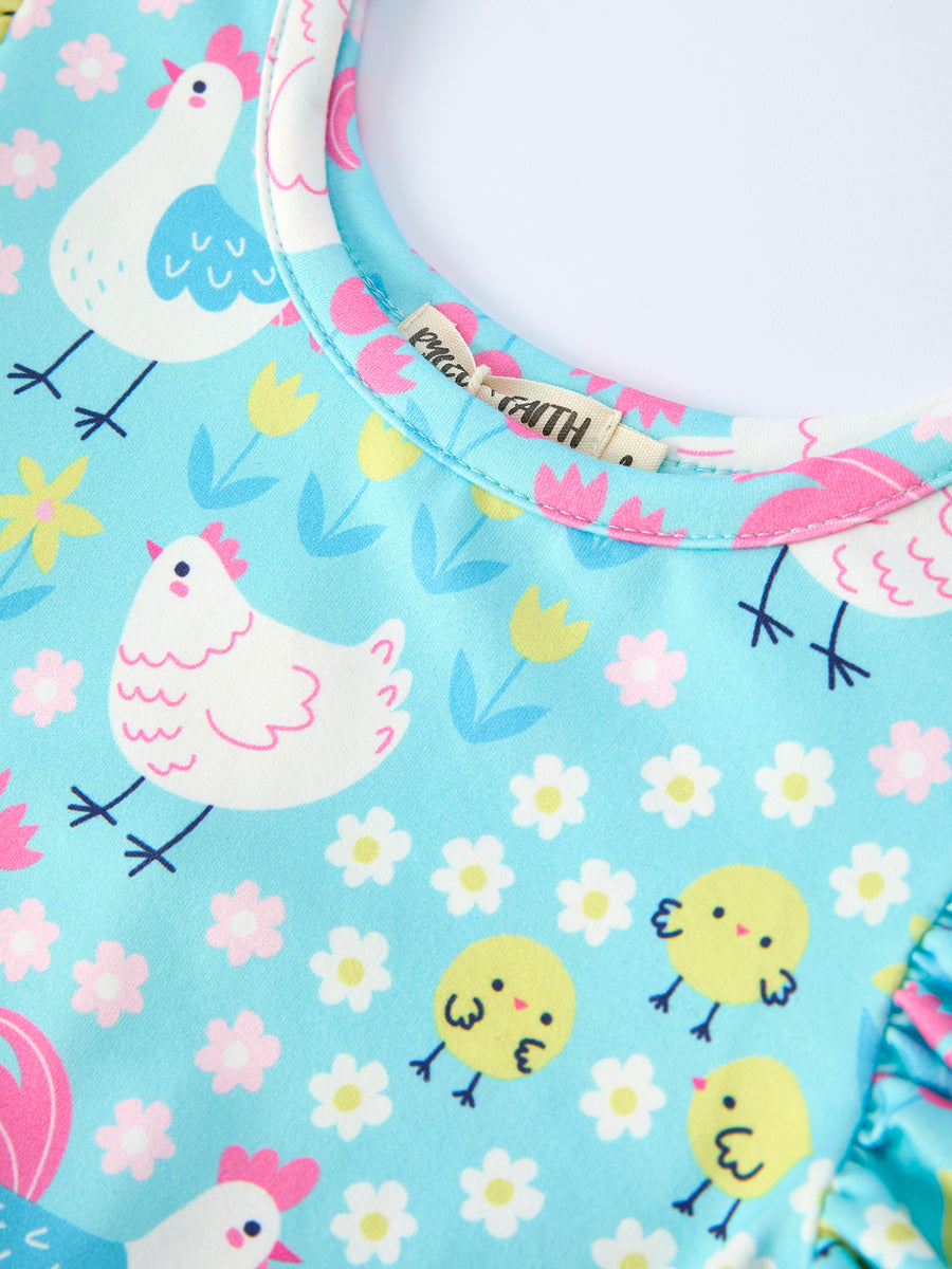 Aqua Spring Chicken Floral Farm Print Girls Dress