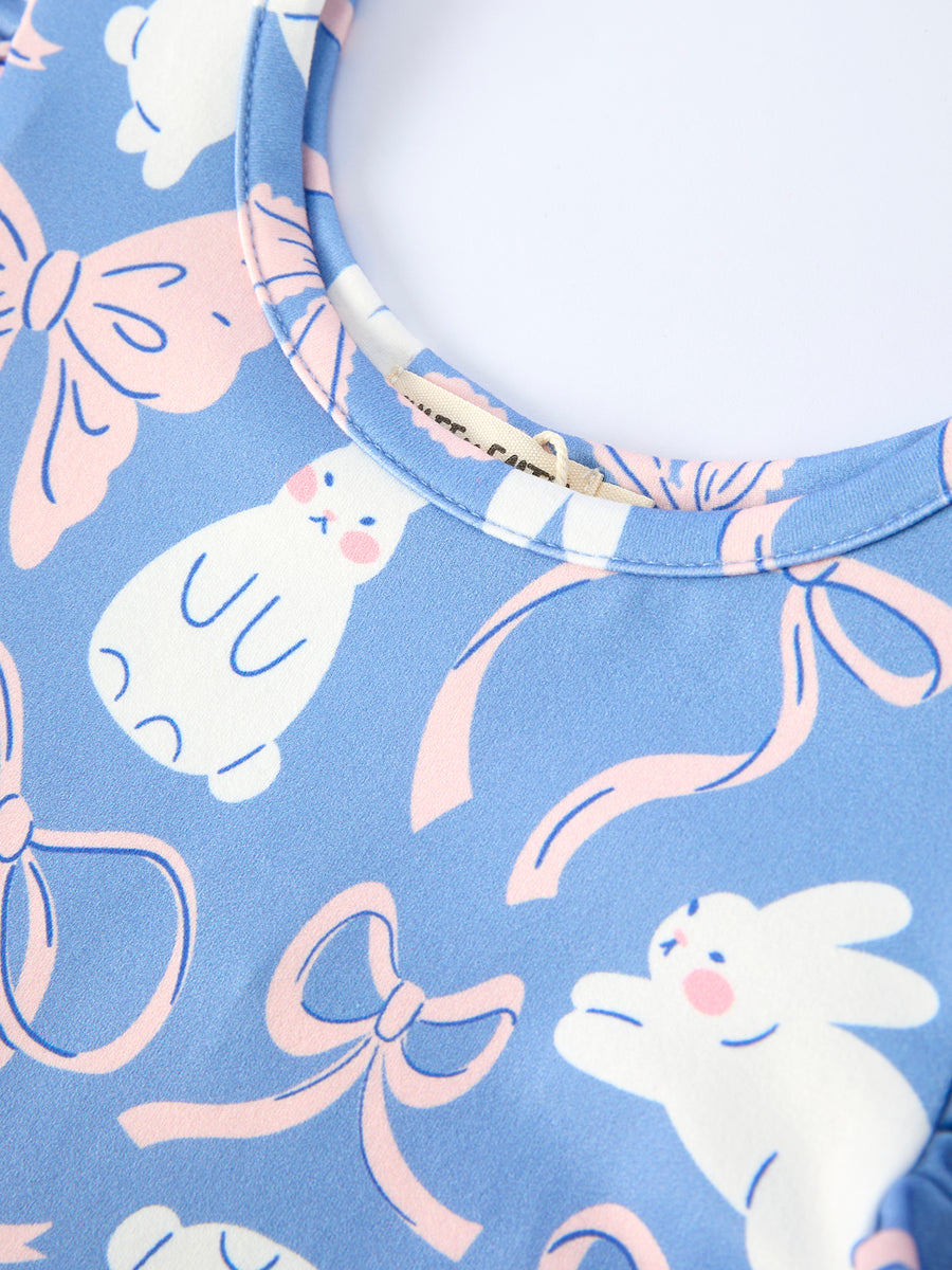 Easter Bunny Bow Pastel Girls Ruffle Hem Dress