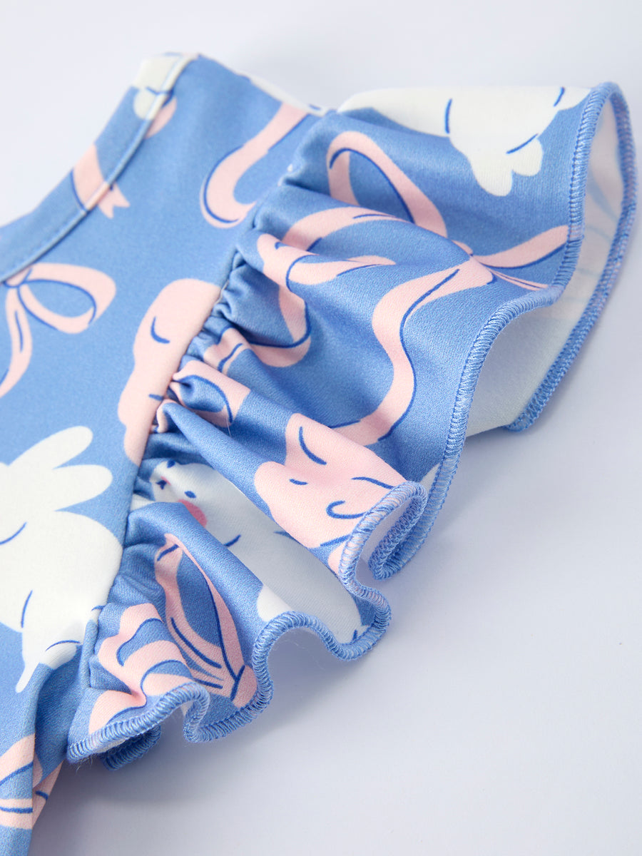 Easter Bunny Bow Pastel Girls Ruffle Hem Dress