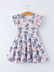 Pink Character Print Flutter Sleeve Girls Dress