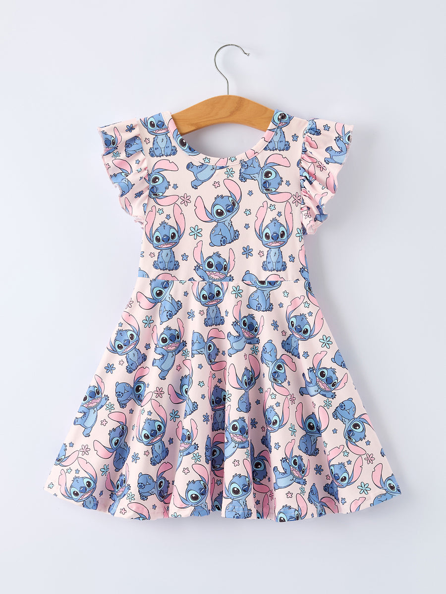 Pink Character Print Flutter Sleeve Girls Dress