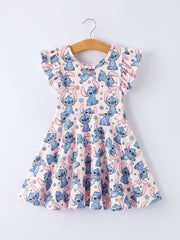 Pink Character Print Flutter Sleeve Girls Dress