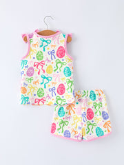 Rainbow Easter Egg Print Bow Sleeveless Vest Top and Shorts Set