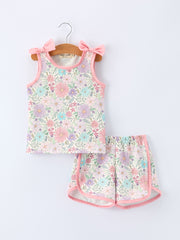 Girls Pink Floral Sleeveless Vest Top and Shorts Set