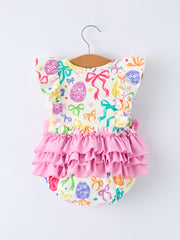Rainbow Easter Egg Print Bow Baby Girls Romper