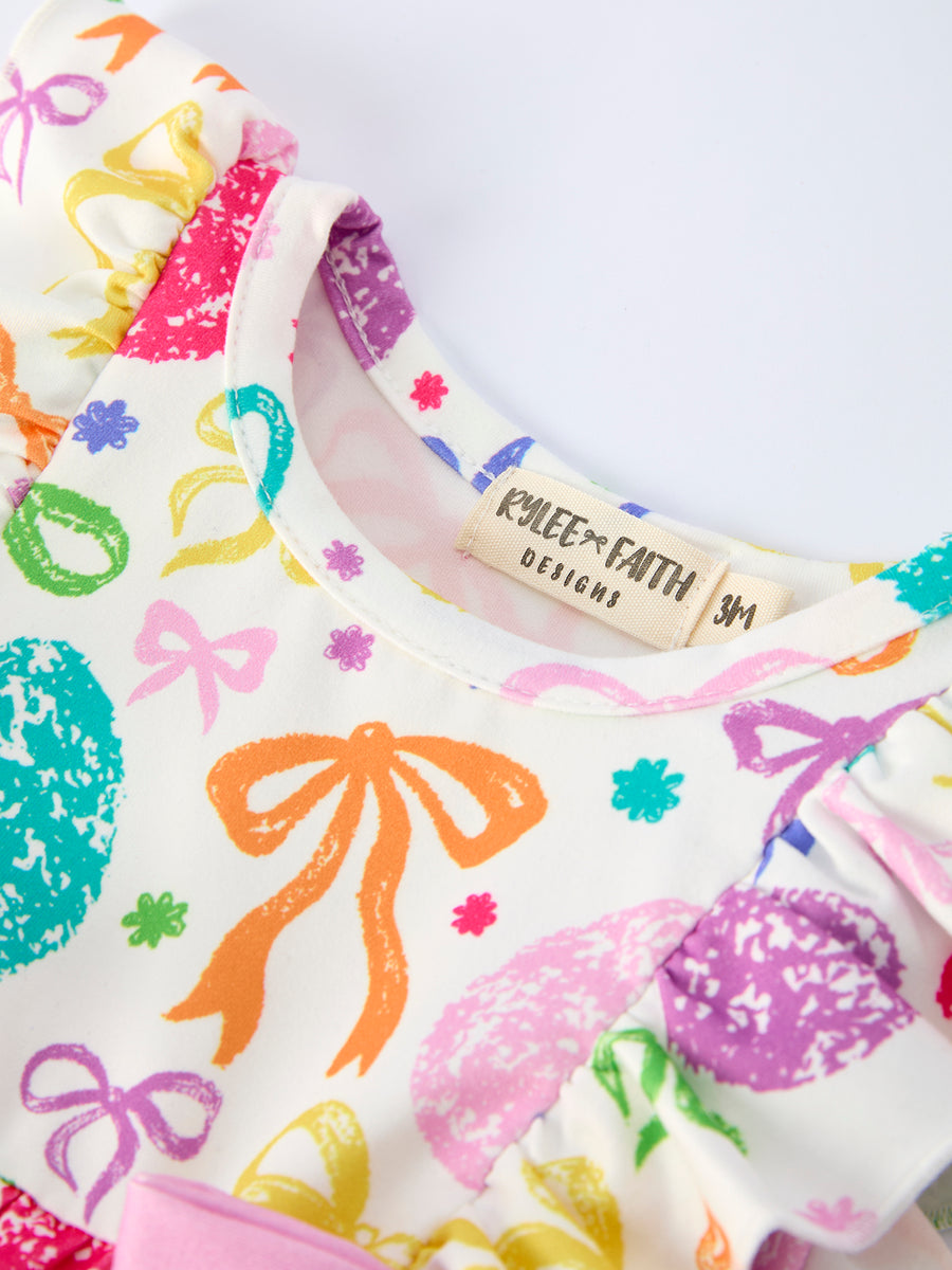 Rainbow Easter Egg Print Bow Baby Girls Romper