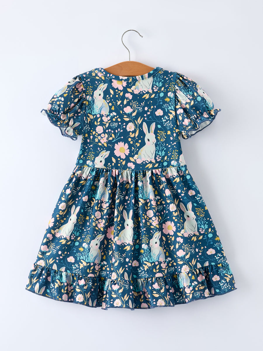Teal Bunny Garden Ruffle Sleeve Girls Dress