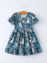 Teal Bunny Garden Ruffle Sleeve Girls Dress