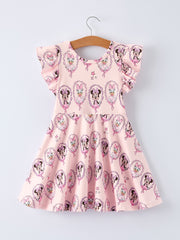 Pink Character Mirror Bow Print Girls' Dress