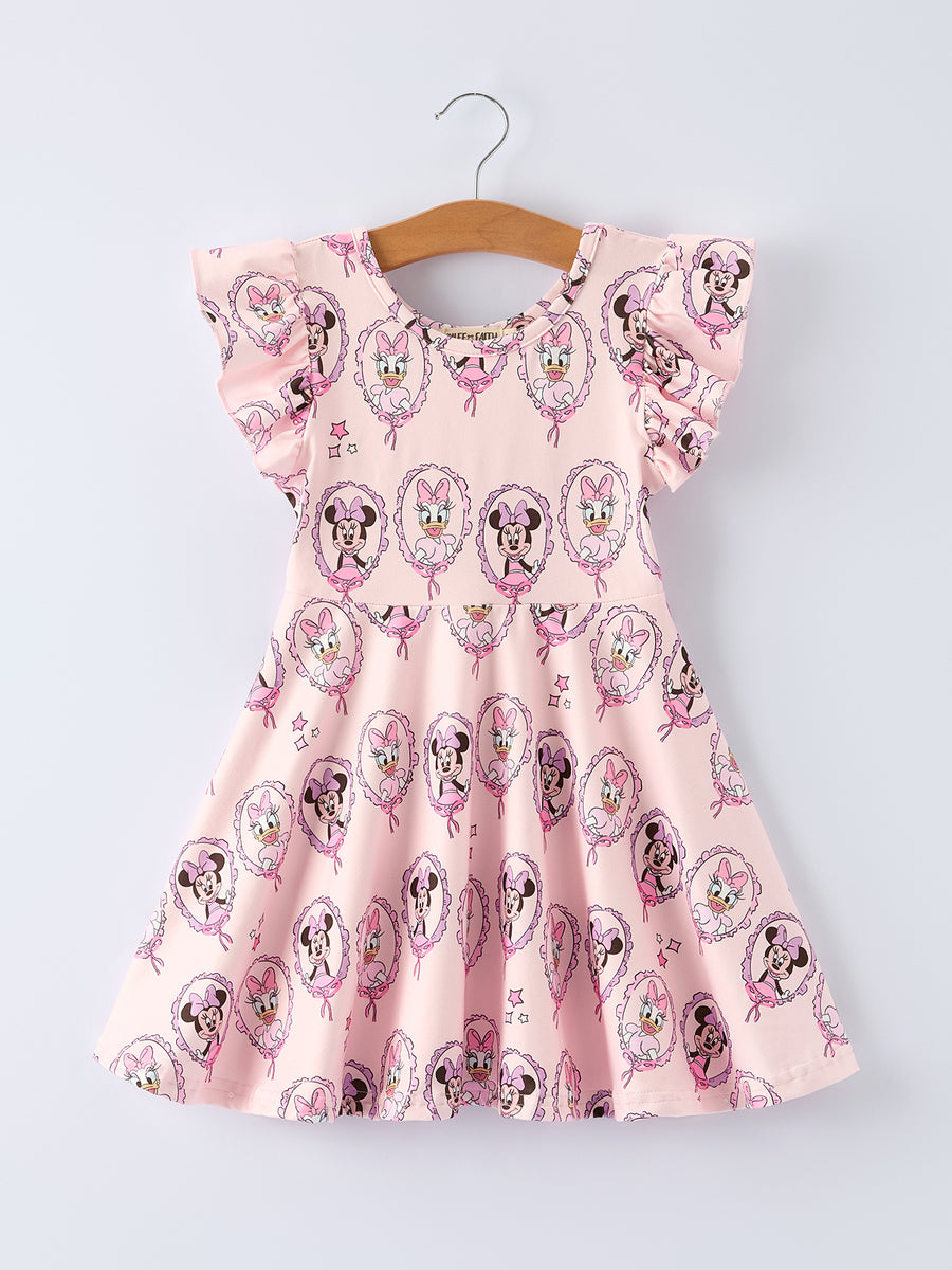Pink Character Mirror Bow Print Girls' Dress