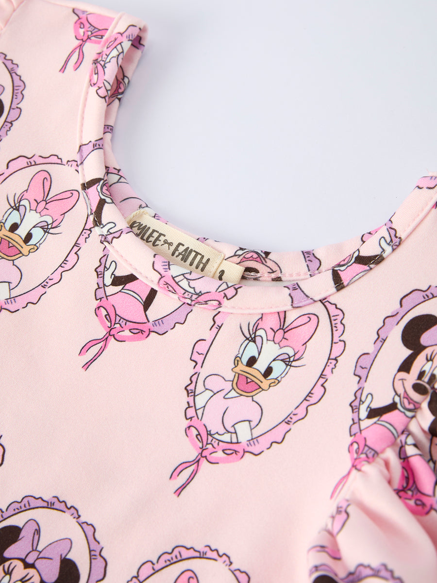Pink Character Mirror Bow Print Girls' Dress