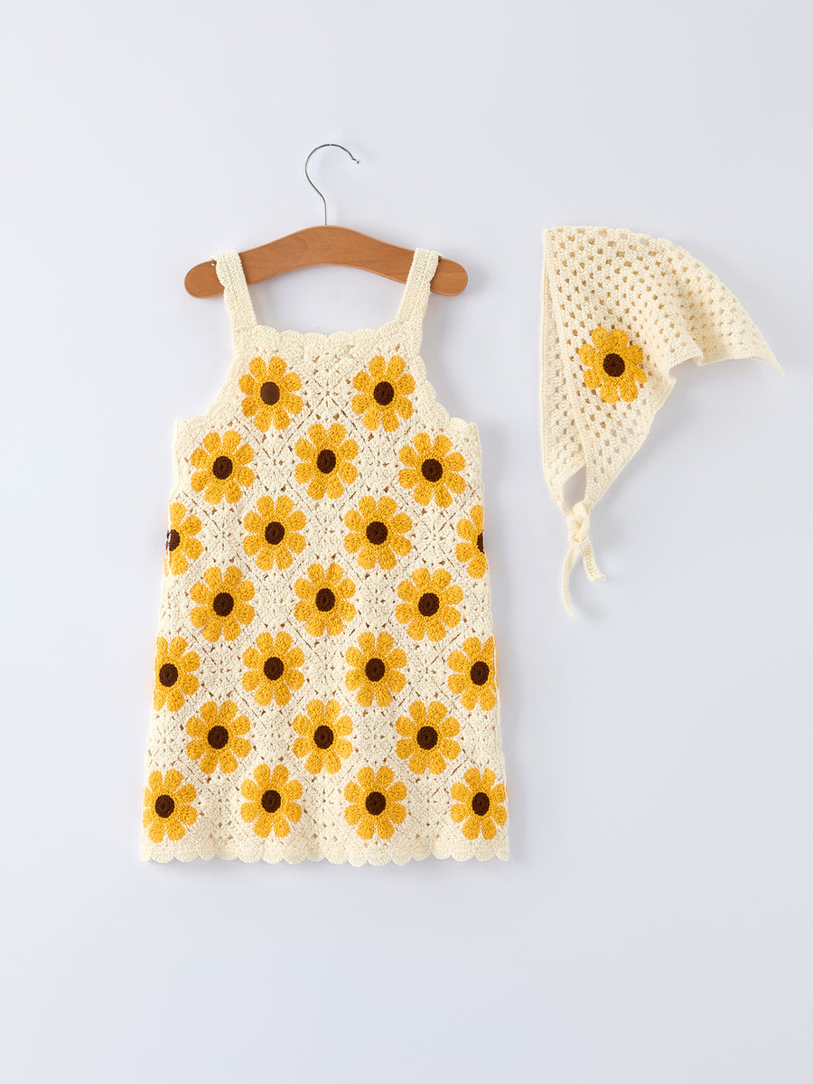 Summer Crochet Sunflower Girl Dress with Headscarf 2 Summer Crochet Sunflower Girl Dress with Headscarf 2