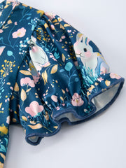 Teal Bunny Garden Ruffle Sleeve Girls Dress