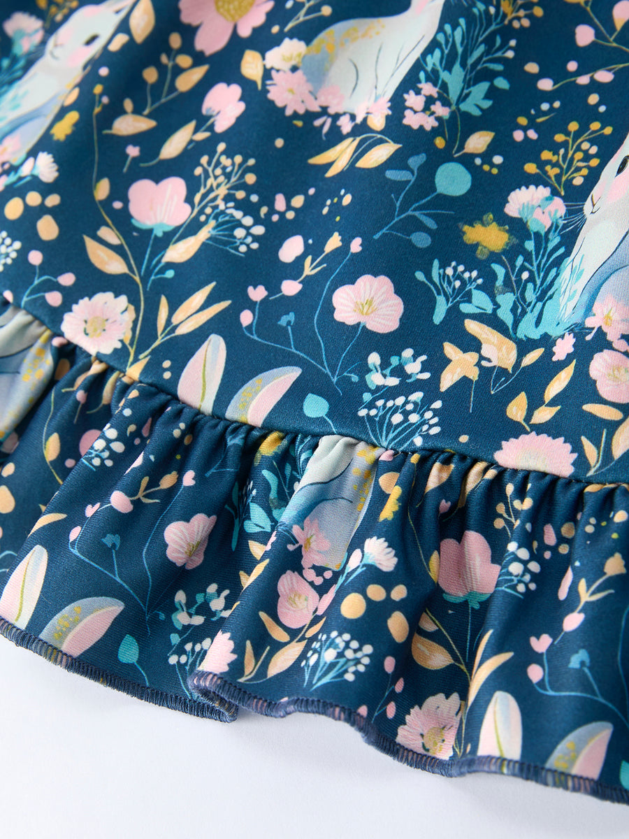 Teal Bunny Garden Ruffle Sleeve Girls Dress