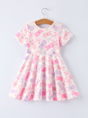 Spring Easter Bunny Bow Print Girls Short Sleeves Dress