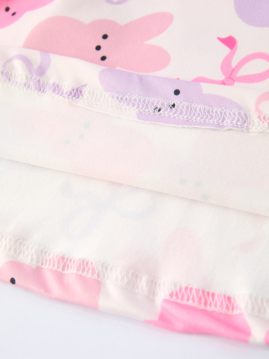 Spring Easter Bunny Bow Print Girls Short Sleeves Dress