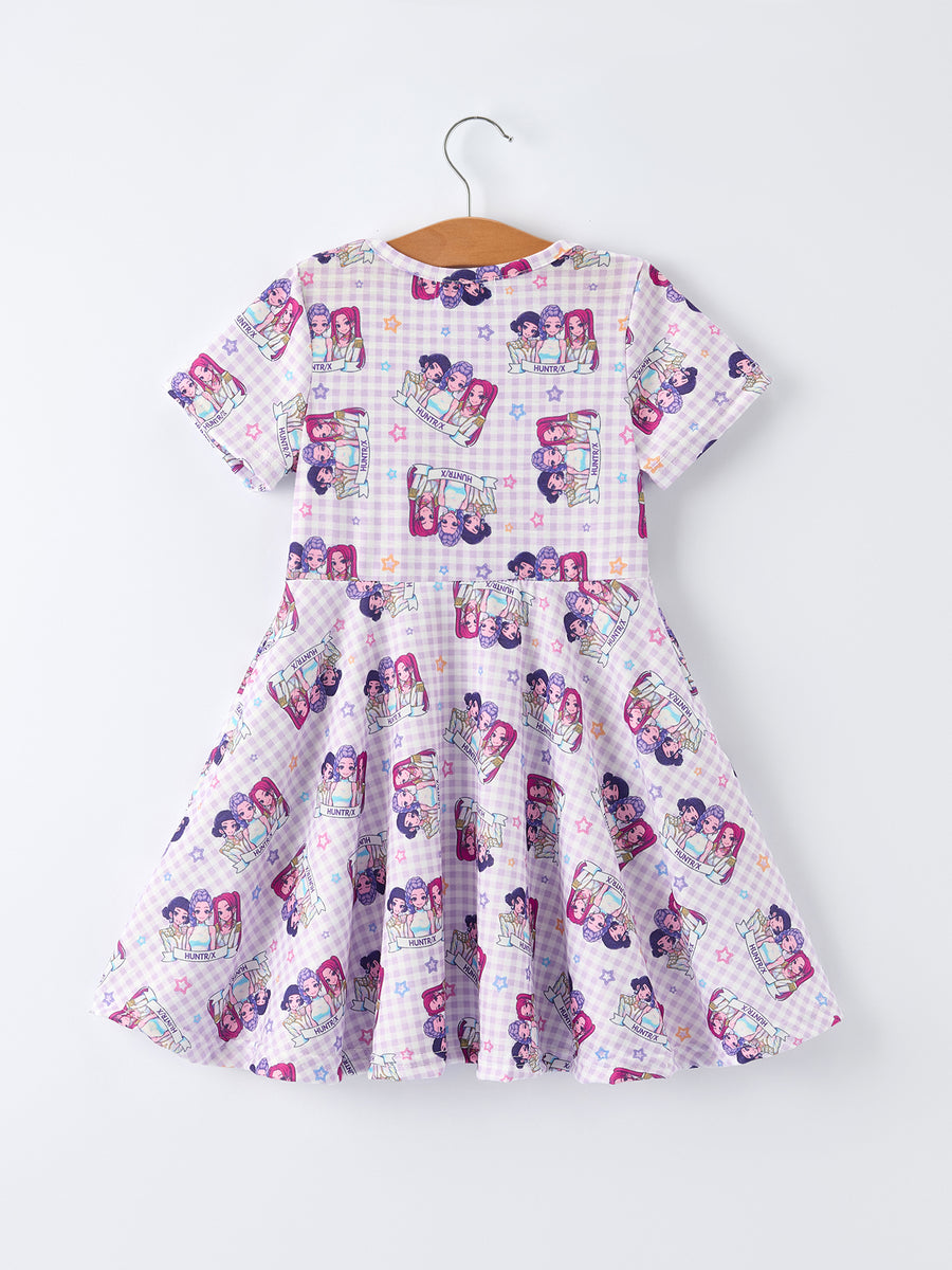 PREORDER Purple Plaid Characters Print Short Sleeve Girls Dress