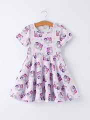 PREORDER Purple Plaid Characters Print Short Sleeve Girls Dress