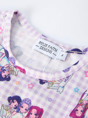 PREORDER Purple Plaid Characters Print Short Sleeve Girls Dress