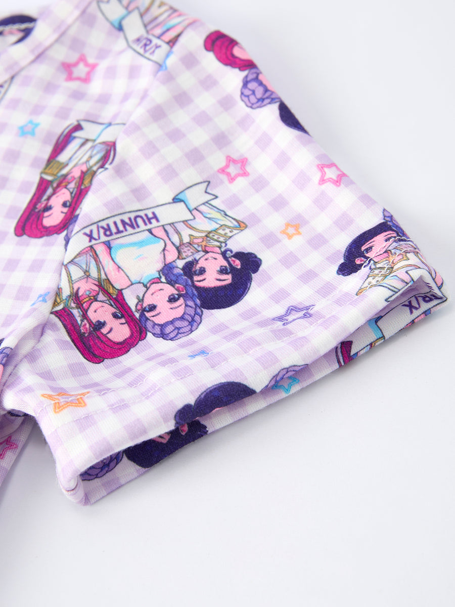 PREORDER Purple Plaid Characters Print Short Sleeve Girls Dress