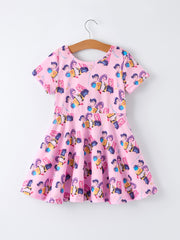 PREORDER Pink Characters Print Short Sleeve Girls Dress