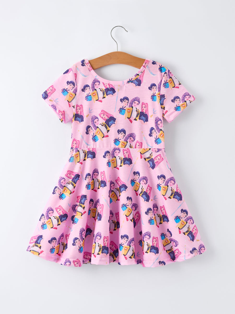 PREORDER Pink Characters Print Short Sleeve Girls Dress
