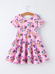 Pink Print Short Sleeve Girls Twirly Dress