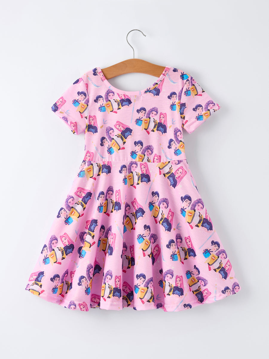 Pink Print Short Sleeve Girls Twirly Dress