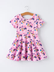 PREORDER Pink Characters Print Short Sleeve Girls Dress