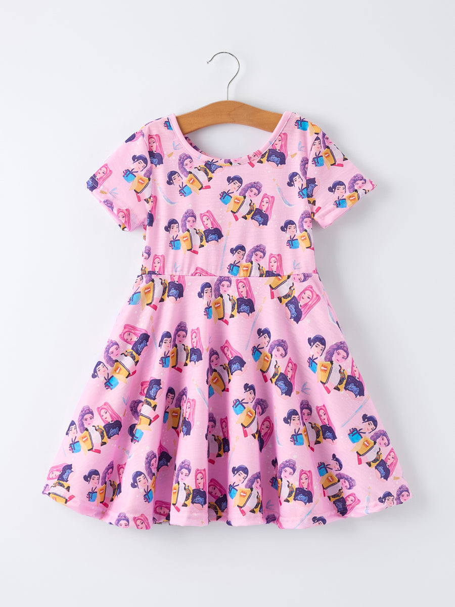 Pink Print Short Sleeve Girls Twirly Dress