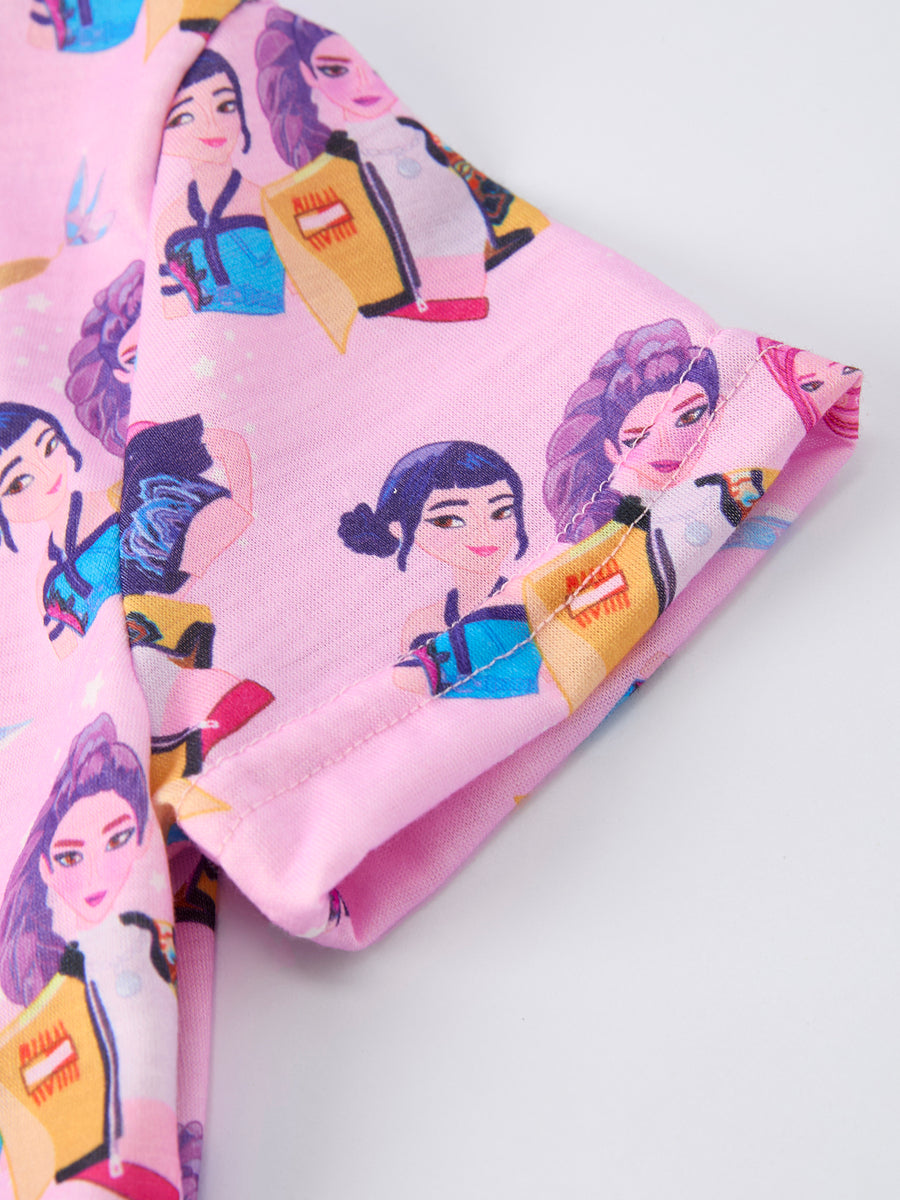 PREORDER Pink Characters Print Short Sleeve Girls Dress