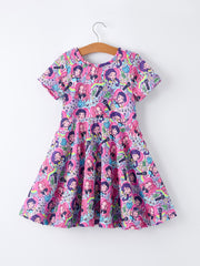 PREORDER Purple Characters Music Print Short Sleeve Girls Dress