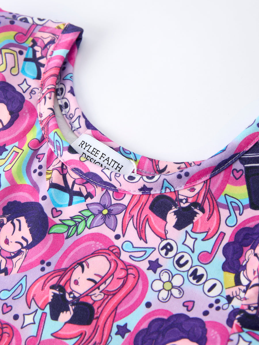 PREORDER Purple Characters Music Print Short Sleeve Girls Dress