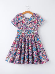 PREORDER Purple Characters Print Short Sleeve Girls Dress