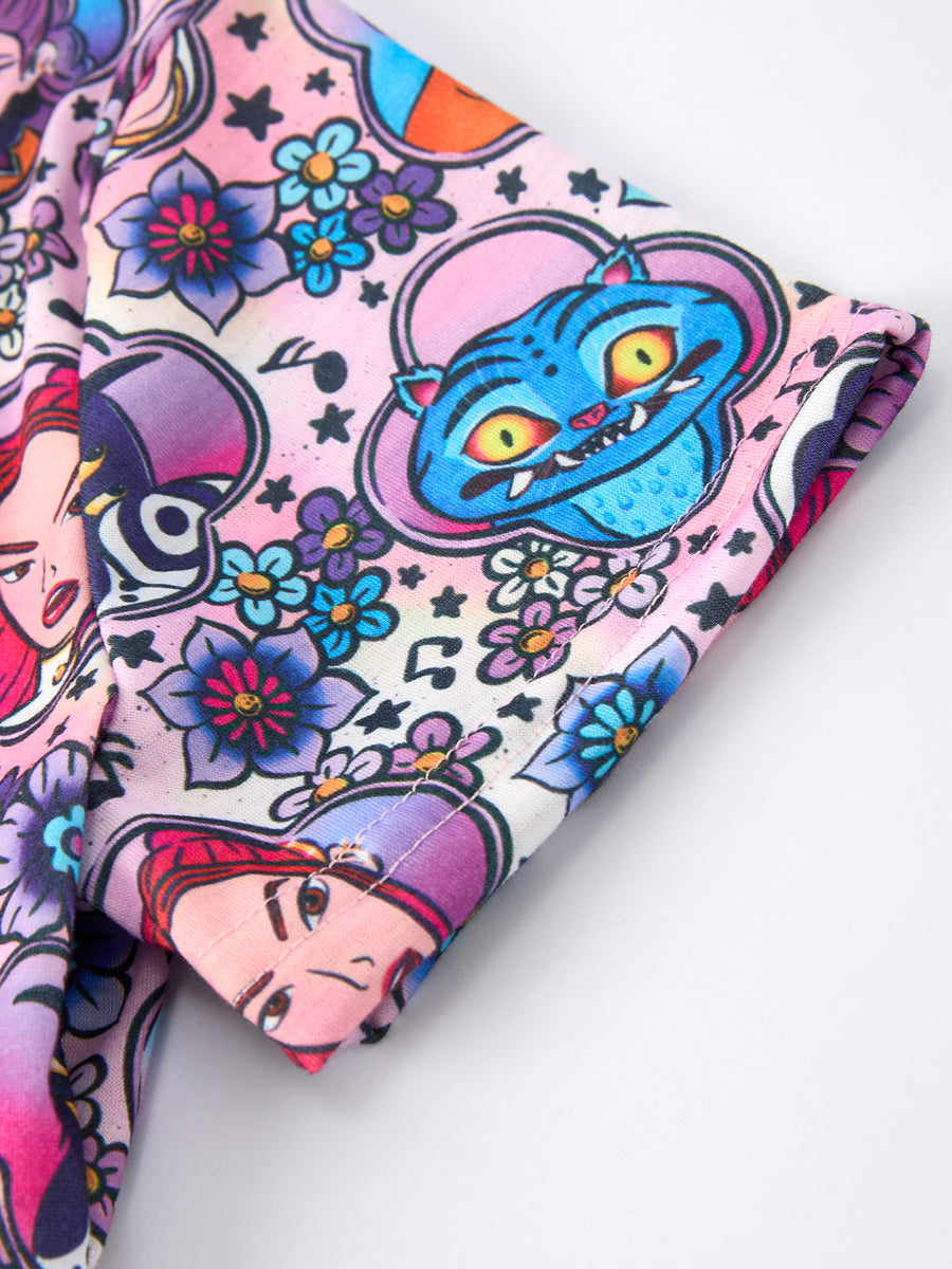 PREORDER Purple Characters Print Short Sleeve Girls Dress