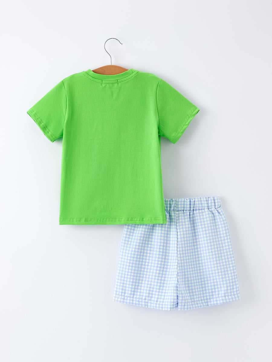 PREORDER Toddler Boys Summer Crocodile Embroidered Plaid Shorts Set
