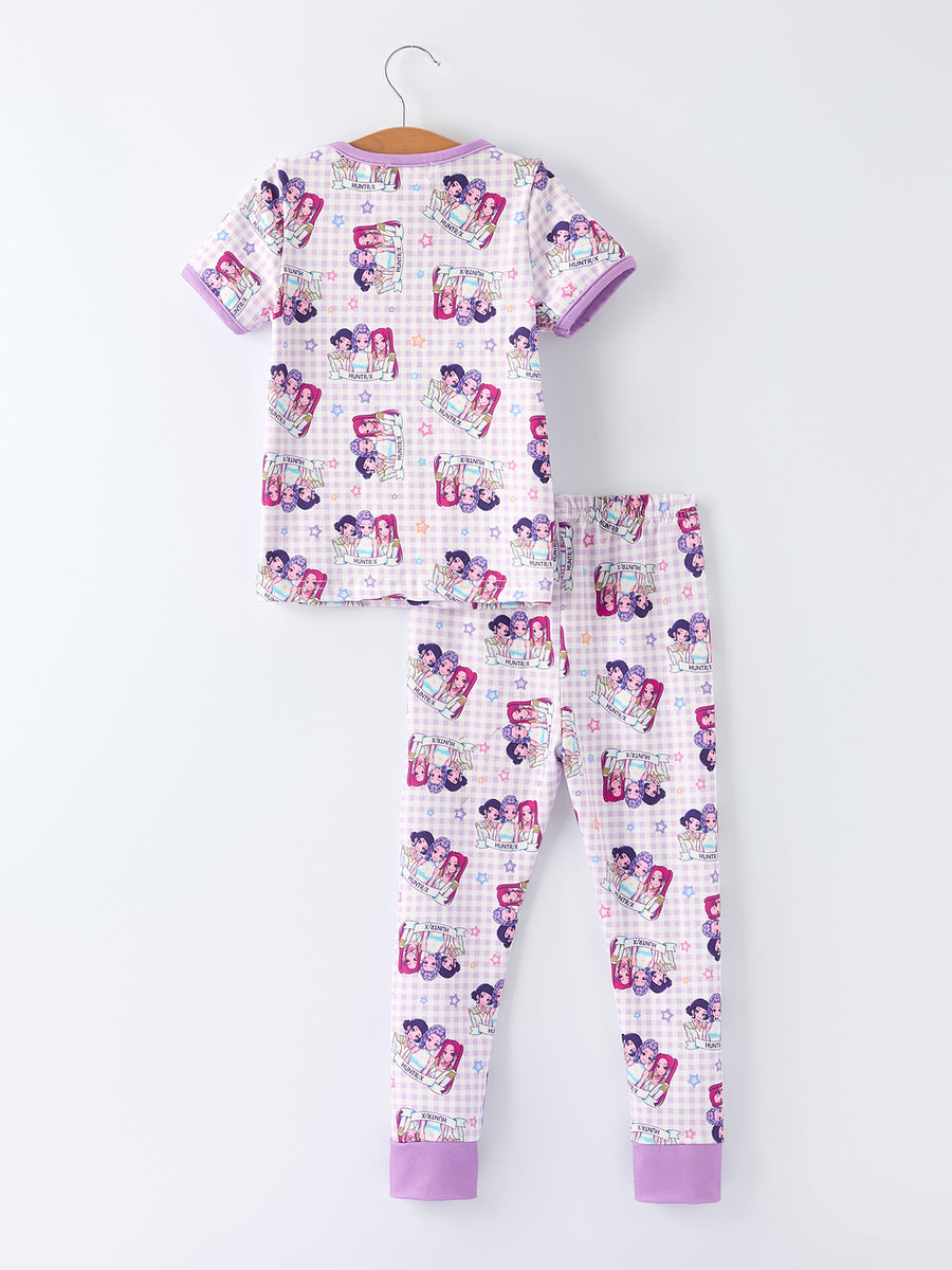 Purple Plaid Print Short Sleeve Girl Pajama Set