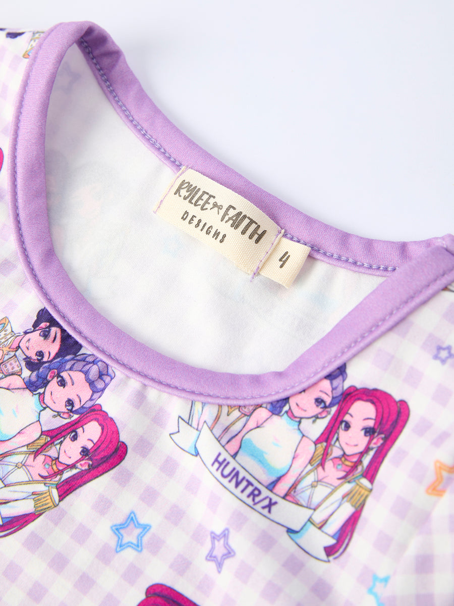 Purple Plaid Print Short Sleeve Girl Pajama Set